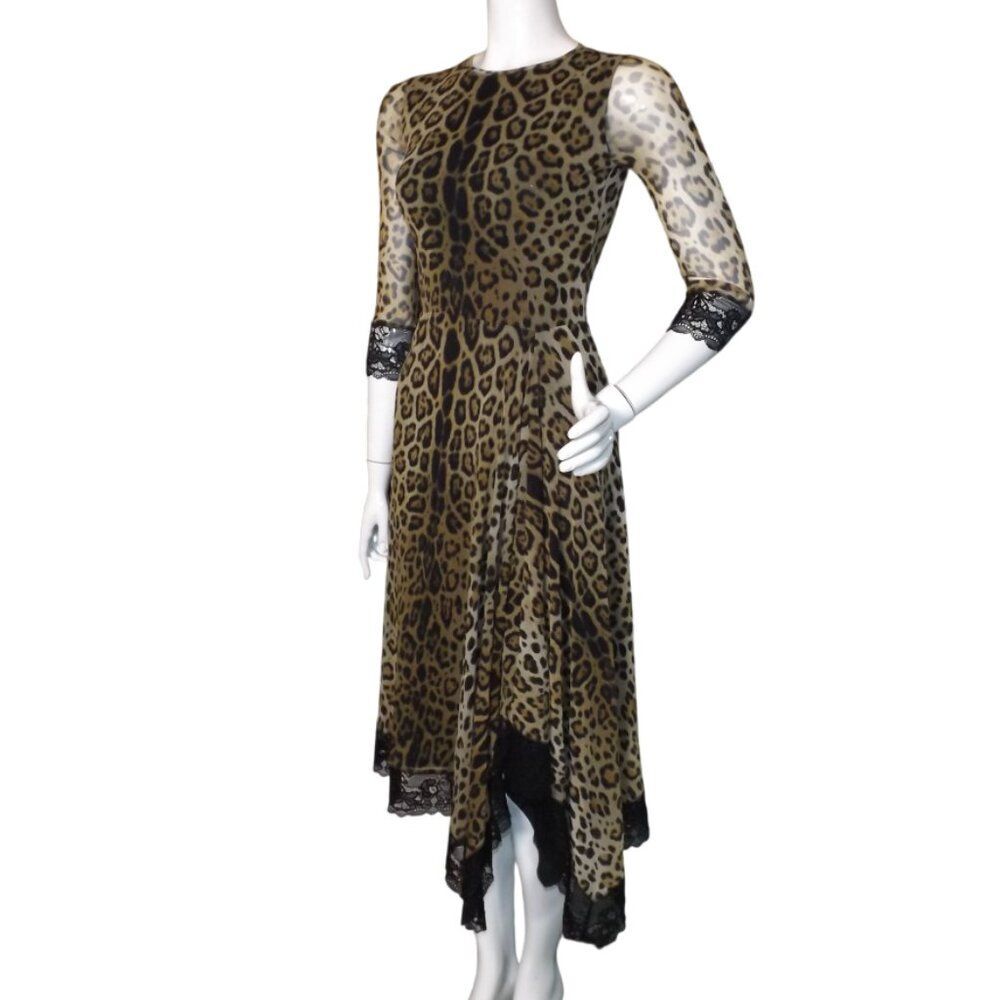 FUZZI/JEAN PAUL GAULTIER Dress, S, Leopard print, Mesh, Asym Lace hem, Animal - Picture 5 of 13